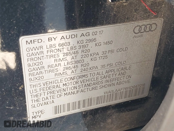 2017 Audi Q7 Premium Plus z VIN WA1LAAF76HD047018, wystawiony jako IAAI lot #41657235 z przebiegiem 159 375 mil mil oraz . Historia ofert i sprzedaży dostępna na DreamBid. Obrazek 9.