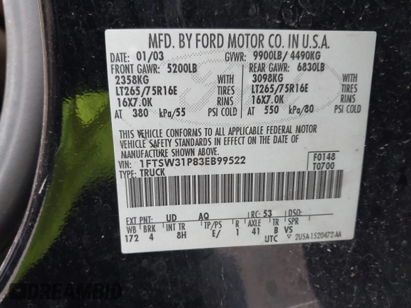 2003 Ford F-350 XL with VIN 1FTSW31P83EB99522, listed as a IAAI auction lot 41883514 with Not Provided miles and . Bid and sale history available at DreamBid. Image 9.