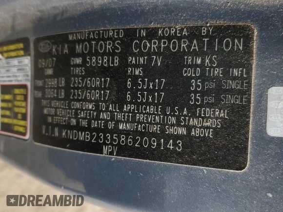 2008 Kia Sedona EX with VIN KNDMB233586209143, listed as a Copart auction lot 84625874 with 210,206 mi miles and Non Repairable. Bid and sale history available at carsss.com. Image 13.