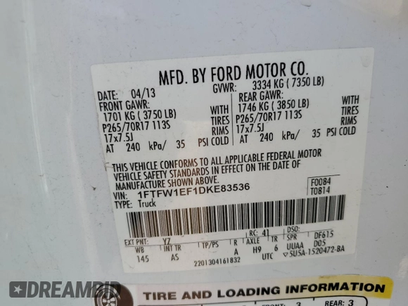 2013 Ford F-150 XL with VIN 1FTFW1EF1DKE83536, listed as a Copart auction lot 64223565 with 227,452 mi miles and Clean title. Bid and sale history available at DreamBid. Image 12.