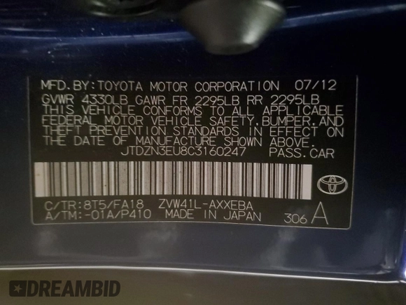 2012 Toyota Prius Two with VIN JTDZN3EU8C3160247, listed as a Copart auction lot 85149854 with 212,932 mi miles and Salvage Title. Bid and sale history available at DreamBid. Image 13.