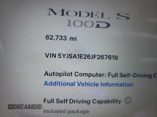 2018 Tesla Model S 75D with VIN 5YJSA1E26JF267619, listed as a Copart auction lot 54504865 with 62,733 mi miles and Salvage Title. Bid and sale history available at DreamBid. Image 9.