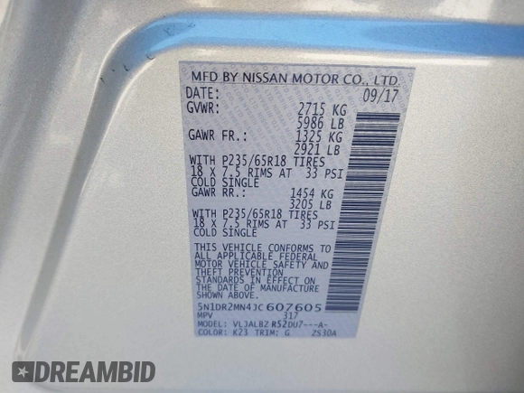 2018 Nissan Pathfinder SV with VIN 5N1DR2MN4JC607605, listed as a IAAI auction lot 41691163 with 99,069 mi miles. Bid and sale history available at carsss.com. Image 9.