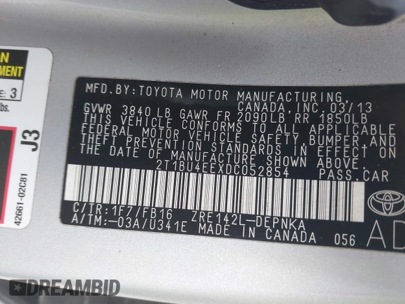 2013 Toyota Corolla L with VIN 2T1BU4EEXDC052854, listed as a IAAI auction lot 42230118 with 156,120 mi miles and . Bid and sale history available at DreamBid. Image 9.