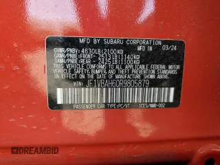 2024 Subaru WRX Premium with VIN JF1VBAH60R9805879, listed as a Copart auction lot 54992275 with 6,856 mi miles and Salvage title. Bid and sale history available at DreamBid. Image 13.