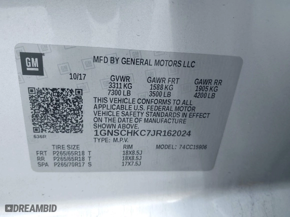 2018 Chevrolet Suburban LT with VIN 1GNSCHKC7JR162024, listed as a IAAI auction lot 41924750 with 112,640 mi miles. Bid and sale history available at carsss.com. Image 9.