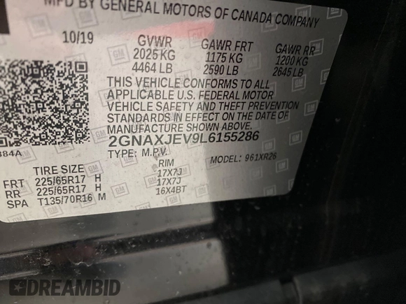 2020 Chevrolet Equinox LT with VIN 2GNAXJEV9L6155286, listed as a IAAI auction lot 42229614 with 53,668 mi miles and . Bid and sale history available at DreamBid. Image 17.