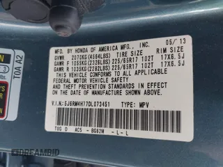 2013 Honda CR-V EX-L with VIN 5J6RM4H77DL073451, listed as a IAAI auction lot 42343597 with 90,999 mi miles and . Bid and sale history available at DreamBid. Image 9.
