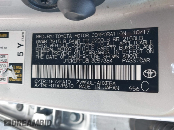 2017 Toyota Prius Two with VIN JTDKBRFU8H3057364, listed as a IAAI auction lot 39968207 with 268,086 mi miles. Bid and sale history available at carsss.com. Image 9.