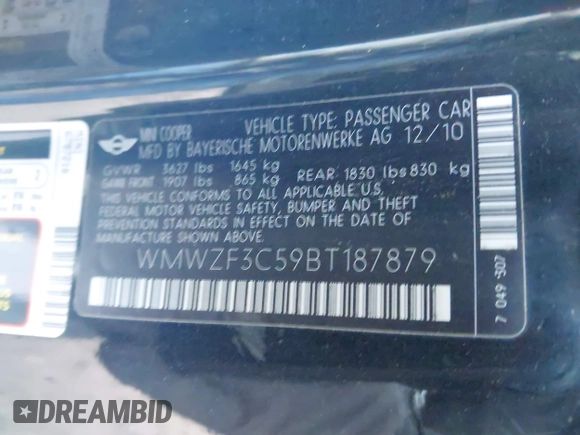 2011 MINI Clubman with VIN WMWZF3C59BT187879, listed as a IAAI auction lot 38976346 with 135,668 mi miles and . Bid and sale history available at DreamBid. Image 9.