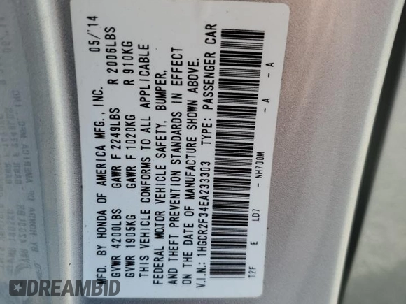 2014 Honda Accord LX z VIN 1HGCR2F34EA233303, wystawiony jako Copart lot #57420805 z przebiegiem 65 274 mil mil oraz Szkoda całkowita • Salvage title. Historia ofert i sprzedaży dostępna na DreamBid. Obrazek 12.
