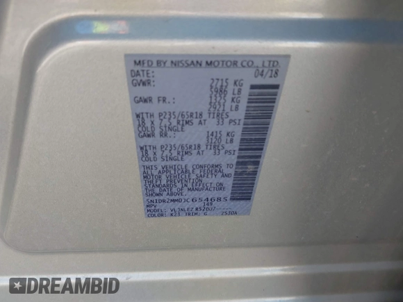 2018 Nissan Pathfinder SV with VIN 5N1DR2MM0JC654685, listed as a IAAI auction lot 41817909 with 94,644 mi miles and . Bid and sale history available at DreamBid. Image 9.