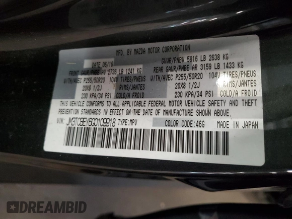 2016 Mazda CX-9 Signature with VIN JM3TCBEY6G0109918, listed as a Copart auction lot 59388185 with 153,626 mi miles and Salvage title. Bid and sale history available at DreamBid. Image 13.
