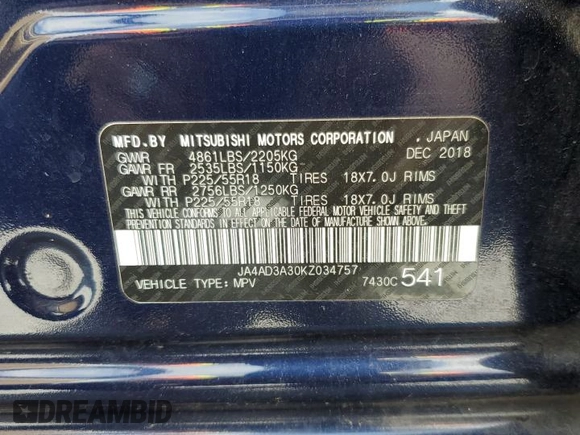 2019 Mitsubishi Outlander SE with VIN JA4AD3A30KZ034757, listed as a Copart auction lot 56308475 with 123,936 mi miles and Salvage title. Bid and sale history available at DreamBid. Image 13.