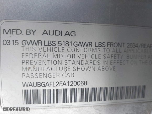 2015 Audi S4 Premium Plus with VIN WAUBGAFL2FA120068, listed as a IAAI auction lot 39620158 with 122,494 mi miles. Bid and sale history available at carsss.com. Image 9.