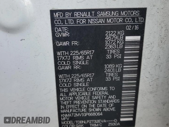 2016 Nissan Rogue SV with VIN KNMAT2MV1GP668064, listed as a Copart auction lot 48707235 with 130,599 mi miles and Salvage Title. Bid and sale history available at carsss.com. Image 14.