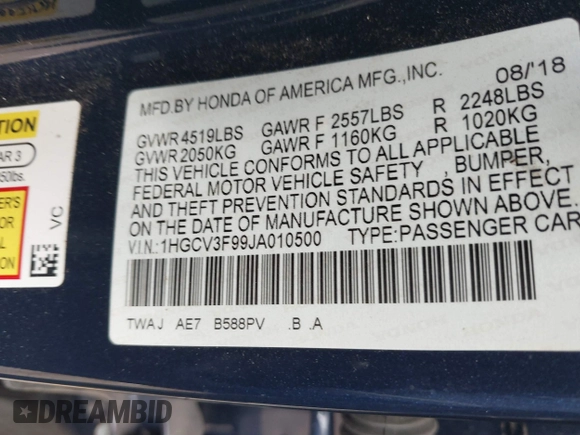 2018 Honda Accord Touring z VIN 1HGCV3F99JA010500, wystawiony jako IAAI lot #41529657 z przebiegiem 46 704 mil mil oraz . Historia ofert i sprzedaży dostępna na DreamBid. Obrazek 9.