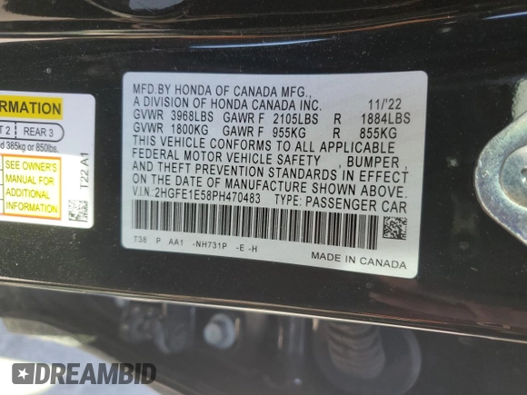 2023 Honda Civic Si z VIN 2HGFE1E58PH470483, wystawiony jako Copart lot #50956965 z przebiegiem 19 521 mil mil oraz Szkoda całkowita • Salvage title. Historia ofert i sprzedaży dostępna na DreamBid. Obrazek 14.