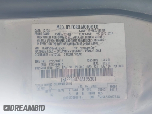 2006 Ford Taurus SE z VIN 1FAFP53U76A195301, wystawiony jako IAAI lot #42180556 z przebiegiem 180 599 mil mil oraz . Historia ofert i sprzedaży dostępna na DreamBid. Obrazek 9.