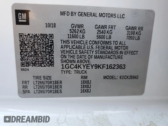 2019 Chevrolet Silverado 3500HD High Country with VIN 1GC4KYEY9KF162363, listed as a Copart auction lot 80116564 with 262,454 mi miles and Non Repairable. Bid and sale history available at carsss.com. Image 15.