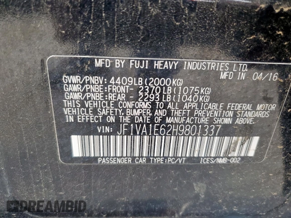 2017 Subaru WRX Premium with VIN JF1VA1E62H9801337, listed as a Copart auction lot 54754945 with Not provided miles and Clean title. Bid and sale history available at DreamBid. Image 12.