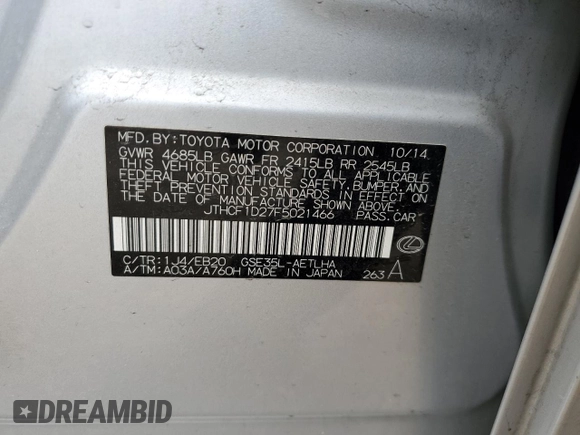 2015 Lexus IS 250 z VIN JTHCF1D27F5021466, wystawiony jako Copart lot #53873075 z przebiegiem 109 462 mil mil oraz Szkoda całkowita • Salvage title. Historia ofert i sprzedaży dostępna na DreamBid. Obrazek 12.