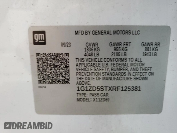 2024 Chevrolet Malibu LT with VIN 1G1ZD5STXRF125381, listed as a Copart auction lot 57088565 with Not Provided miles and Salvage Title. Bid and sale history available at DreamBid. Image 12.