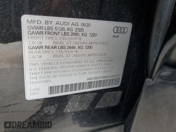 2021 Audi Q3 S line Premium Plus with VIN WA1EECF3XM1026707, listed as a Copart auction lot 46916875 with 0 mi miles and Salvage Title. Bid and sale history available at carsss.com. Image 13.