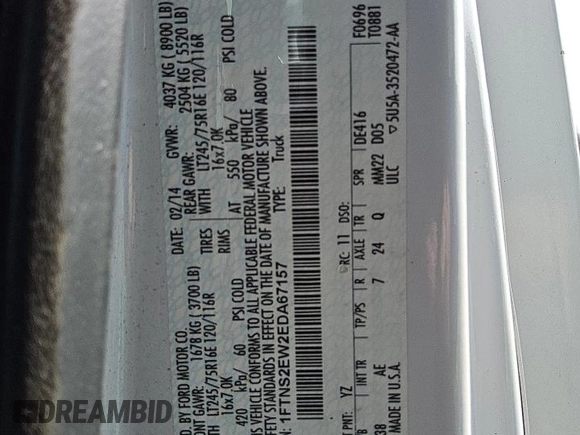 2014 Ford Econoline Cargo Commercial with VIN 1FTNS2EW2EDA67157, listed as a Copart auction lot 52833565 with 136,783 mi miles and Clean Title. Bid and sale history available at carsss.com. Image 10.