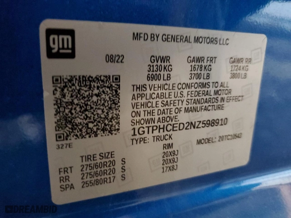 2022 GMC Sierra 1500 Elevation with VIN 1GTPHCED2NZ598910, listed as a Copart auction lot 61255804 with 34,686 mi miles and Salvage Title. Bid and sale history available at carsss.com. Image 12.