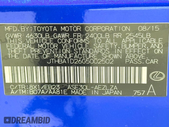 2016 Lexus IS 200t with VIN JTHBA1D26G5002502, listed as a Copart auction lot 55499485 with 103,558 mi miles and Clean Title. Bid and sale history available at DreamBid. Image 10.