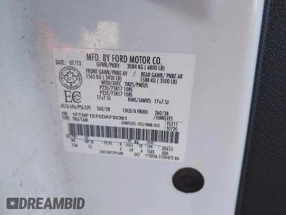 2013 Ford F-150 XL with VIN 1FTMF1EF0DKF50361, listed as a IAAI auction lot 41431876 with 82,849 mi miles and . Bid and sale history available at DreamBid. Image 9.