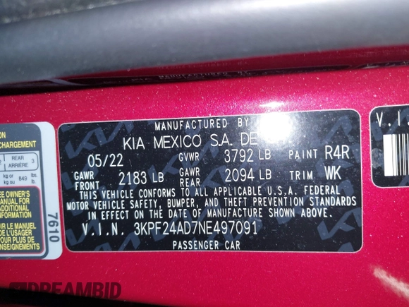 2022 Kia Forte LXS z VIN 3KPF24AD7NE497091, wystawiony jako IAAI lot #41894884 z przebiegiem 36 451 mil mil oraz . Historia ofert i sprzedaży dostępna na DreamBid. Obrazek 9.