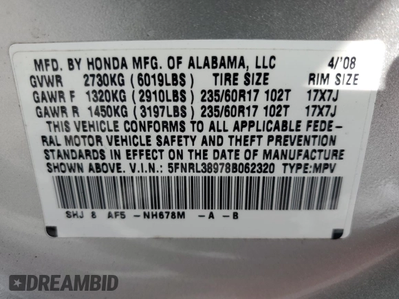 2008 Honda Odyssey Touring z VIN 5FNRL38978B062320, wystawiony jako Copart lot #59898345 z przebiegiem 229 760 mil mil oraz Czysty tytuł • Clean title. Historia ofert i sprzedaży dostępna na DreamBid. Obrazek 13.
