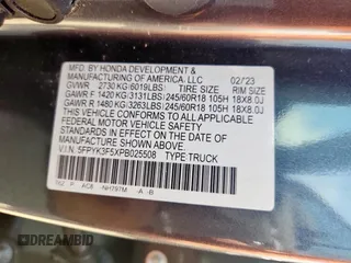 2023 Honda Ridgeline RTL z VIN 5FPYK3F5XPB025508, wystawiony jako Copart lot #64200695 z przebiegiem 3 913 mil mil oraz Szkoda całkowita • Salvage title. Historia ofert i sprzedaży dostępna na DreamBid. Obrazek 12.