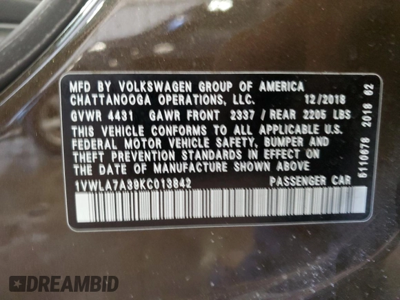 2019 Volkswagen Passat 2.0T Wolfsburg Edition with VIN 1VWLA7A39KC013842, listed as a Copart auction lot 48242375 with 134,311 mi miles and Non Repairable. Bid and sale history available at carsss.com. Image 12.