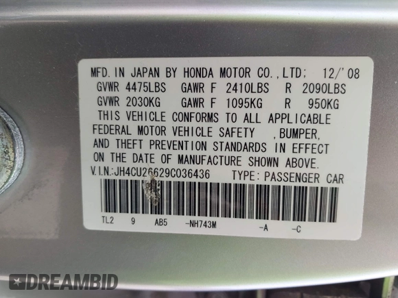 2009 Acura TSX with VIN JH4CU26629C036436, listed as a IAAI auction lot 42633623 with 185,087 mi miles and . Bid and sale history available at DreamBid. Image 9.