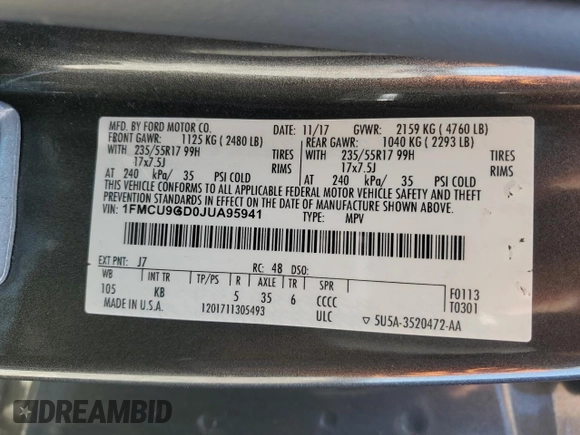 2018 Ford Escape SE z VIN 1FMCU9GD0JUA95941, wystawiony jako Copart lot #56606625 z przebiegiem 137 924 mil mil oraz Nie do naprawy • Non repairable. Historia ofert i sprzedaży dostępna na DreamBid. Obrazek 12.