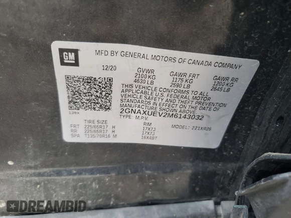 2021 Chevrolet Equinox LT with VIN 2GNAXUEV2M6143032, listed as a Copart auction lot 55396515 with 137,734 mi miles and Clean Title. Bid and sale history available at DreamBid. Image 13.