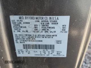 2003 Ford F-150 XL with VIN 1FTRX07WX3KD43808, listed as a Copart auction lot 47951714 with 279,206 mi miles and Salvage title. Bid and sale history available at DreamBid. Image 12.