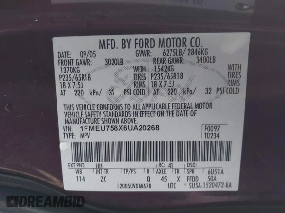 2006 Ford Explorer Limited with VIN 1FMEU758X6UA20268, listed as a IAAI auction lot 41558026 with 225,593 mi miles and . Bid and sale history available at DreamBid. Image 9.