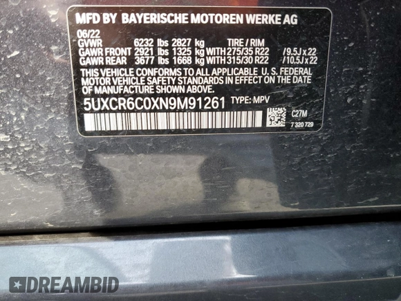 2022 BMW X5 xDrive40i with VIN 5UXCR6C0XN9M91261, listed as a Copart auction lot 45129823 with 8,786 mi miles and . Bid and sale history available at DreamBid. Image 13.