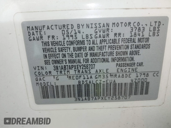 2014 Nissan Sentra SR with VIN 3N1AB7APXEY258707, listed as a IAAI auction lot 42112921 with 137,028 mi miles and . Bid and sale history available at DreamBid. Image 9.