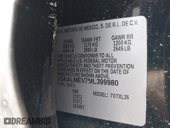 2021 GMC Terrain SLE with VIN 3GKALMEV7ML399980, listed as a IAAI auction lot 42300492 with 41,066 mi miles and . Bid and sale history available at DreamBid. Image 9.