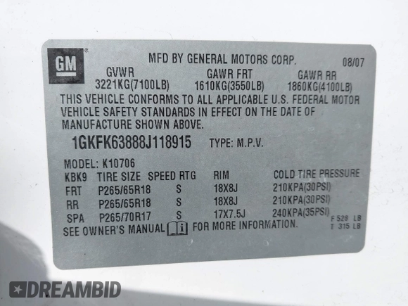 2008 GMC Yukon Denali с VIN 1GKFK63888J118915, выставлен на аукционе IAAI как лот 42262018 с пробегом 218 082 миль миль и . История ставок и продаж доступна на DreamBid. Изображение 9.
