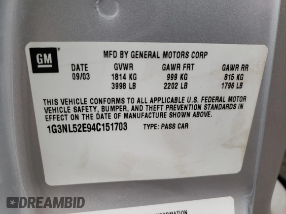 2004 Oldsmobile Alero GL1 with VIN 1G3NL52E94C151703, listed as a Copart auction lot 52960605 with 72,291 mi miles and Salvage Title. Bid and sale history available at DreamBid. Image 12.