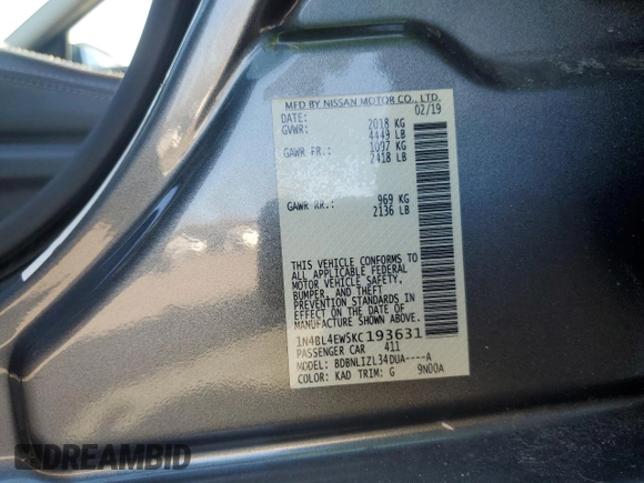 2019 Nissan Altima SL with VIN 1N4BL4EW5KC193631, listed as a Copart auction lot 44162455 with 44,029 mi miles and Salvage Title. Bid and sale history available at DreamBid. Image 14.