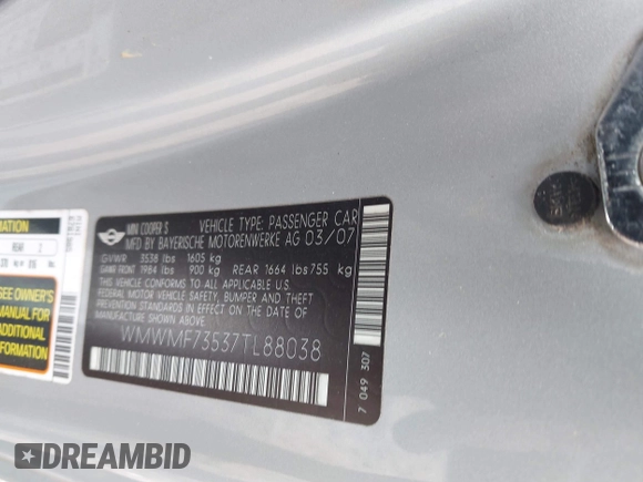 2007 MINI Hardtop S with VIN WMWMF73537TL88038, listed as a IAAI auction lot 42200252 with 70,603 mi miles and . Bid and sale history available at DreamBid. Image 9.