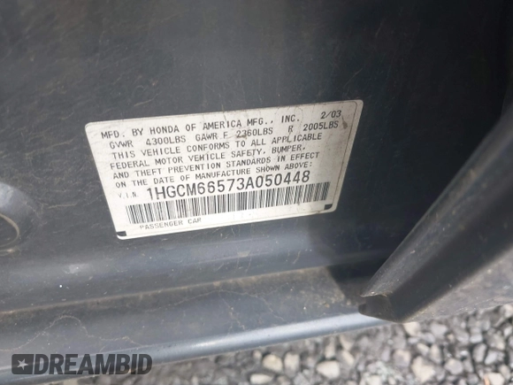 2003 Honda Accord EX z VIN 1HGCM66573A050448, wystawiony jako IAAI lot #42024068 z przebiegiem 207 684 mil mil oraz . Historia ofert i sprzedaży dostępna na DreamBid. Obrazek 9.