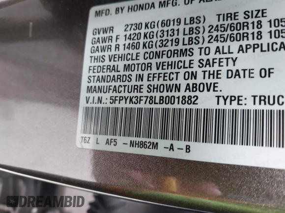 2020 Honda Ridgeline RTL-E with VIN 5FPYK3F78LB001882, listed as a IAAI auction lot 42352980 with 63,278 mi miles and . Bid and sale history available at DreamBid. Image 9.